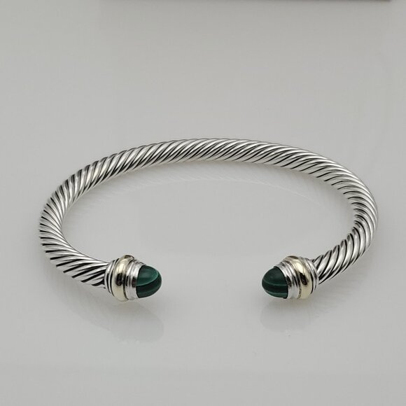 David Yurman 5mm Sterling Silver Bracelet with 14K Yellow Gold and Malachite - Picture 1 of 5